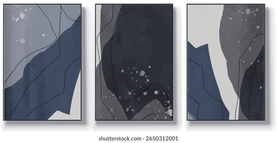 A set of three abstract art vector illustrations. Creative minimalist hand drawn vector illustration, vector design for wall decor, wallpaper, poster, card, mural, carpet, hanging, print