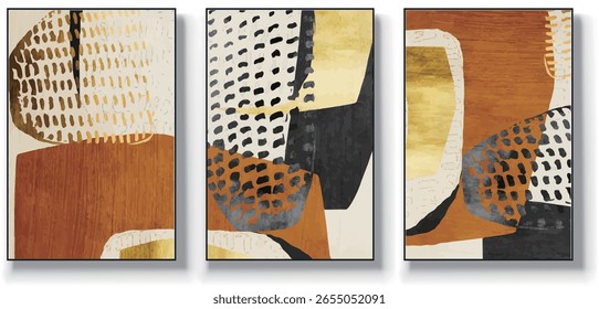 A set of three abstract art vector illustrations. Creative minimalist hand drawn vector illustration, vector design for wall decor, wallpaper, poster, card, mural, carpet, hanging, print