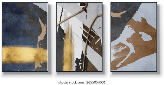 Um conjunto de três ilustrações de vetor de arte abstrata. Ilustração vetorial desenhada à mão minimalista criativa, design vetorial para decoração de parede, papel de parede, pôster, cartão, mural, tapete, suspensão, imprimir