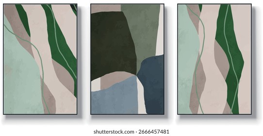 A set of three abstract art vector illustrations. Creative minimalist hand drawn vector illustration, vector design for wall decor, wallpaper, poster, card, mural, carpet, hanging, print