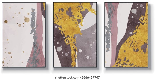 Um conjunto de três ilustrações de vetor de arte abstrata. Ilustração vetorial desenhada à mão minimalista criativa, design vetorial para decoração de parede, papel de parede, pôster, cartão, mural, tapete, suspensão, imprimir