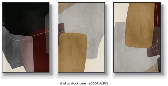 A set of three abstract art vector illustrations. Creative minimalist hand drawn vector illustration, vector design for wall decor, wallpaper, poster, card, mural, carpet, hanging, print
