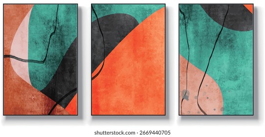 Um conjunto de três ilustrações de vetor de arte abstrata. Ilustração vetorial desenhada à mão minimalista criativa, design vetorial para decoração de parede, papel de parede, pôster, cartão, mural, tapete, suspensão, imprimir