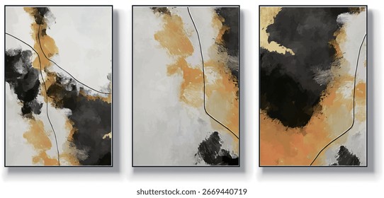 Um conjunto de três ilustrações de vetor de arte abstrata. Ilustração vetorial desenhada à mão minimalista criativa, design vetorial para decoração de parede, papel de parede, pôster, cartão, mural, tapete, suspensão, imprimir