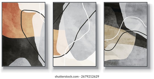 Um conjunto de três ilustrações de vetor de arte abstrata. Ilustração vetorial desenhada à mão minimalista criativa, design vetorial para decoração de parede, papel de parede, pôster, cartão, mural, tapete, suspensão, imprimir