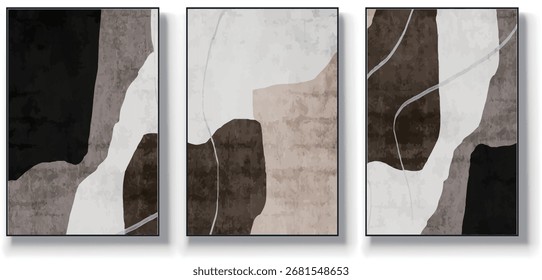 Um conjunto de três ilustrações de vetor de arte abstrata. Ilustração vetorial desenhada à mão minimalista criativa, design vetorial para decoração de parede, papel de parede, pôster, cartão, mural, tapete, suspensão, imprimir