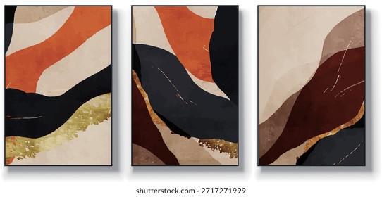 Un conjunto de tres Ilustraciones vectoriales de arte abstracto. Ilustración vectorial dibujada a mano minimalista creativa, diseño de Vector para la decoración de la pared, Fondo de pantalla, cartel, tarjeta, mural, alfombra, colgando, impresión