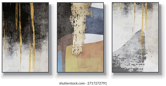 Eine Reihe von drei abstrakten Kunst-Vektorgrafiken. Kreative minimalistische handgezeichnete Vektorgrafik, Vektordesign für Wanddekoration, Tapete, Poster, Karte, Wandbild, Teppich, Aufhängen, Druck