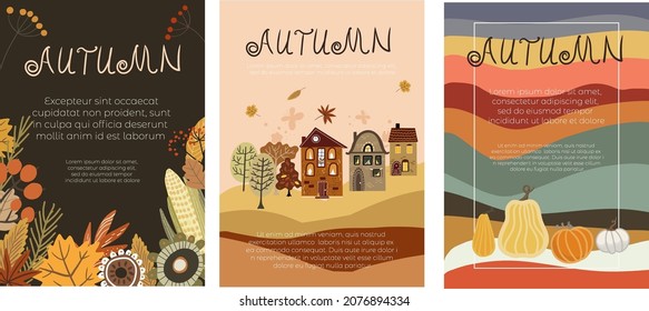 Set of three abstract autumn backgrounds for colorful banners with autumn fallen leaves, pumpkins, quirky flowers, autumn houses. Use for event invitation, discount voucher, advertising.