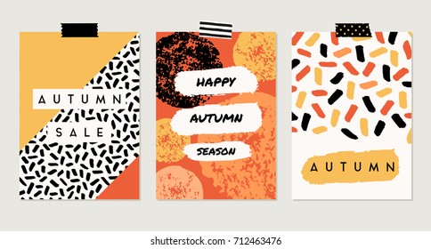 A set of three abstract autumn designs in yellow, red, brown, white and orange. Poster, brochure or greeting card templates with sample text.