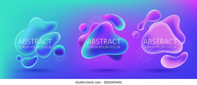 Set of three abstract background design of water blobs, white dots and lines pattern. Place for text. Realistic 3D mockup product placement. Vector