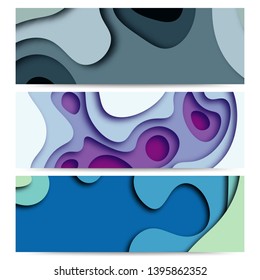 Set of three abstract  Background with Paper Cut shapes banner design. Vector illustration.