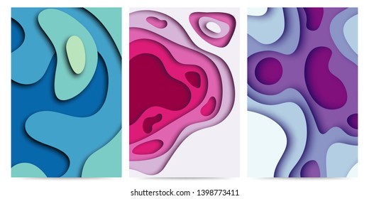 Set of three abstract  Background with Paper Cut shapes stories banner design. Vector illustration.