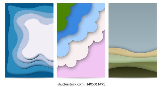 Set of three abstract  Background with Paper Cut shapes stories banner design. Vector illustration.