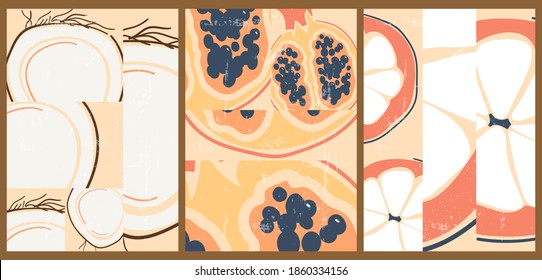 Un conjunto de tres orígenes abstractos. Collage de frutas de primer plano. Ilustración vintage brillante con granada, coco y mangostino. Afiches veganos para publicidad en tiendas de comestibles, medios sociales.
