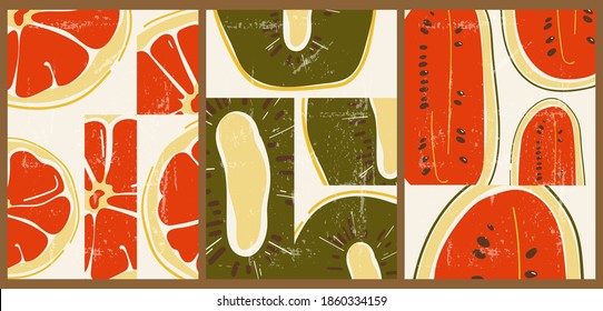 A set of three abstract backgrounds. Collage of fruits close-up. Bright vintage aged illustration with grapefruit, kiwi, watermelon. Vegan posters for advertising grocery stores, social networks.