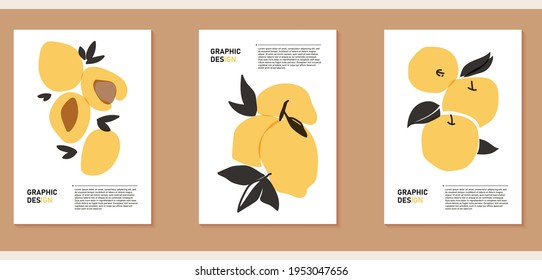 A set of three abstract backgrounds. Collage of fruits close-up. Bright vintage aged illustration with peach, apple, lemon. Vegan posters for grocery advertising, social media, cover design, web.