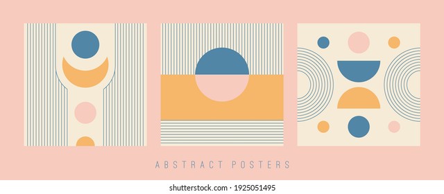 Set of three Abstract Backgrounds. Colorful modern Posters. Circles, Lines, Curves. Geometrical Design. Minimalistic boho elegant concept. Square Patterns. Every poster is isolated