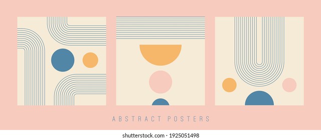 Conjunto de tres fondos abstractos. Afiches coloridos y modernos. Círculos, líneas, curvas. Diseño Geométrico. Un concepto minimalista y elegante. Patrones cuadrados. Todos los afiches están aislados