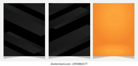 Set of three abstract backgrounds featuring modern geometric patterns. Two sleek black designs with diagonal lines and a bold orange gradient background with a subtle glow. 