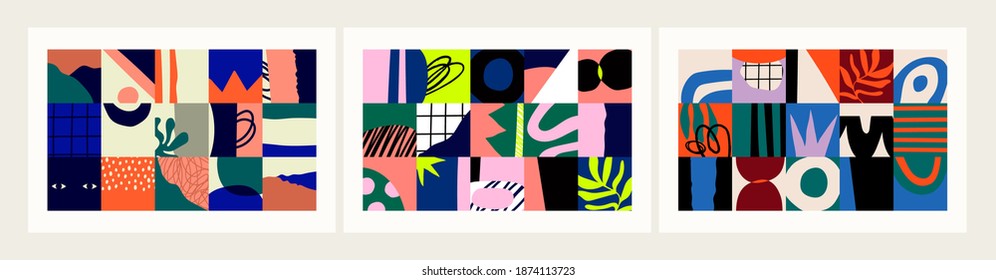 Set of three Abstract Backgrounds. Hand drawn various doodle shapes, spots, drops, curves, lines. Contemporary modern trendy Vector illustration. Patchwork concept. Poster, print, Pattern template