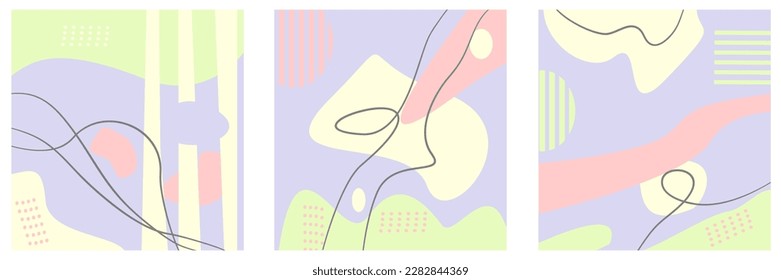Satz von drei abstrakten Hintergründen. Handgezeichnet verschiedene Formen und doodle Objekte. Moderne, moderne, trendige Vektorgrafiken. Pastellfarben