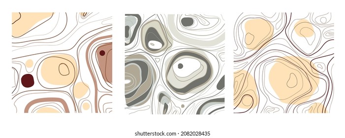 Satz von drei abstrakten Hintergründen. Handgezeichnet in verschiedenen einfachen Formen, Linien und Flecken in Pastellfarben. Moderne Vektorgrafik. Jeder Hintergrund ist einzeln auf Weiß. Künstlerisches Wanddesign.