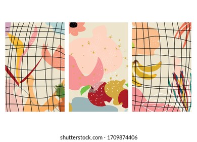Set of three Abstract backgrounds. Isolated from each other Hand drawn various shapes and doodle objects. Modern trendy vector illustration.