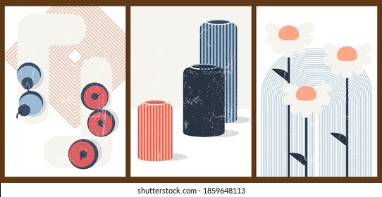 A set of three abstract backgrounds. Minimalistic still life. Bright vintage aged illustrations with vase, apple, rainbow, daisies. Posters for advertising, social media, cover design, web, home decor