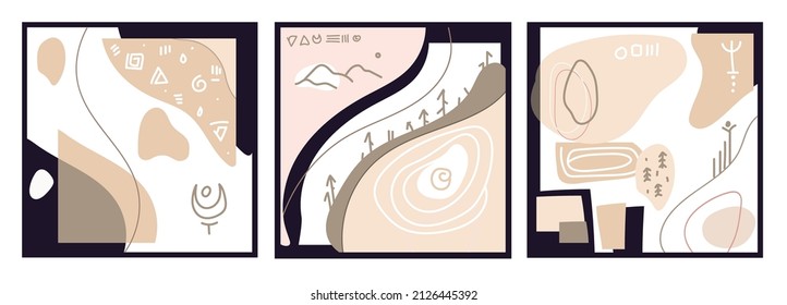 Set of three abstract backgrounds with natural maimwas. Organic various shapes and doodles,ethnic symbols. Modern fashion vector illustration. Each background is isolated. Pastel shades