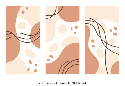 Set of three abstract backgrounds in pastel beige colors. Design template for invitation, social media stories, flyer, card, poster in minimal style. Contemporary modern trendy vector illustrations