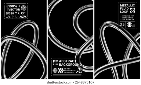 Set of three abstract backgrounds with twisted chrome 3D elements in retro futuristic Y2K style. Metallic fluid loops with glossy surface and minimalist tech composition