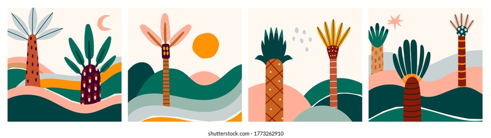Set of three abstract backgrounds. Various Palm trees, landscapes. Hand drawn colorful Vector Trendy illustrations. Cartoon style, Flat design. Every illustration is isolated