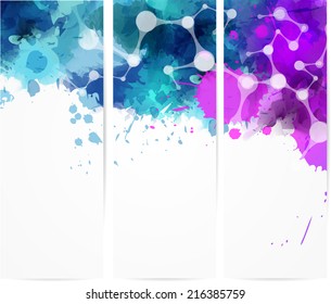 Set of three abstract banner with modern net design and watercolor splashes