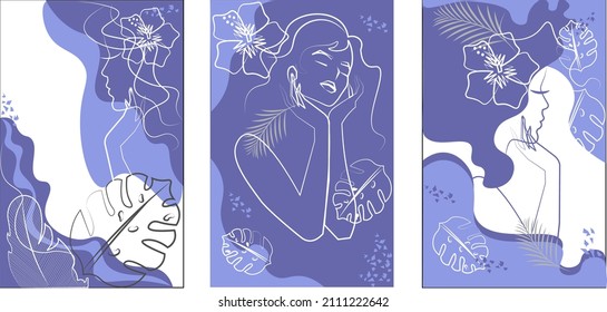 Set of three abstract banner in trendy Veri Peri color Linear silhouette of a beautiful girl and exotic leaves on a purple background  Minimalism Vector illustration in trendy in 2022 color