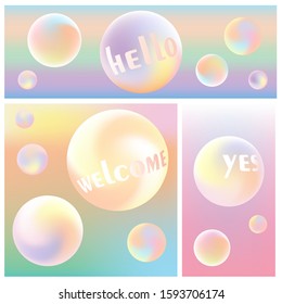 a set of three abstract banners of different formats. gentle gradient, pastel colors, gradient in the shape of a sphere with the inscription Hello, welcome, Yes. vector illustration. EPS 10.