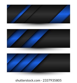 Set of three abstract black and blue modern material headers. Technology banners. Vector abstract widescreen backgrounds