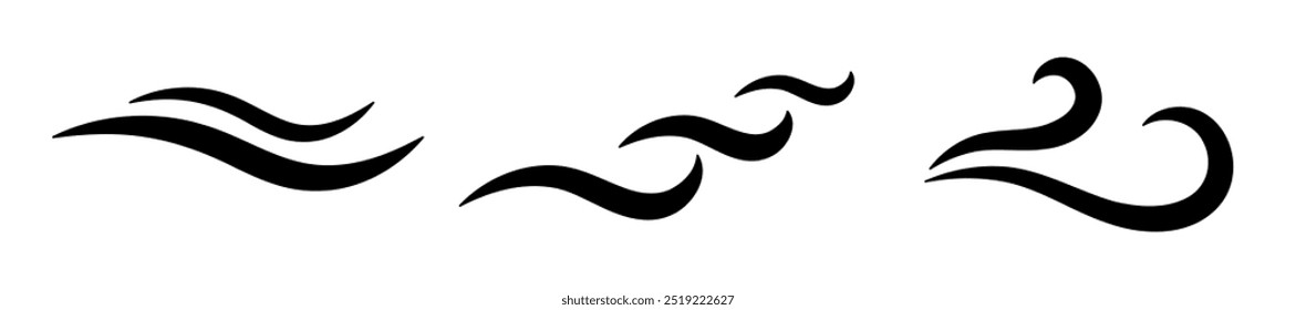 A set of three abstract black icons representing flowing waves and wind, ideal for illustrating motion, nature, or fluidity in design.