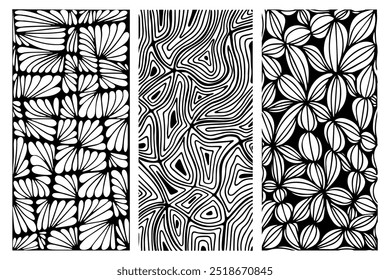  Conjunto de três padrões abstratos em preto e branco com formas orgânicas