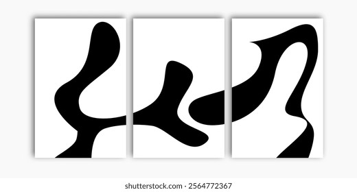 Set of three abstract black and white wall art. Minimalist poster vector for home decorations.