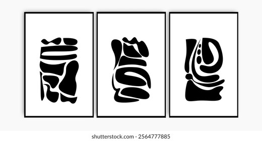 Set of three abstract black and white wall art. Scandinavian wall print collection. 