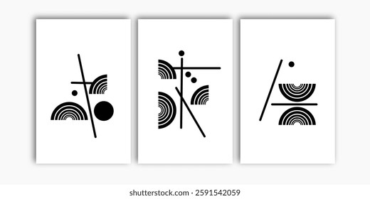 Set of three abstract black and white mid century wall art vector. Geometric poster vector for home decorations