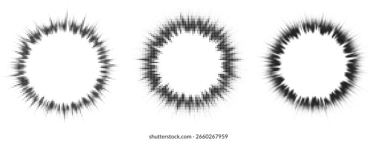 Set of Three Abstract Black and White Halftone Dot Radial Burst Frames with Exploding and Spreading Effect