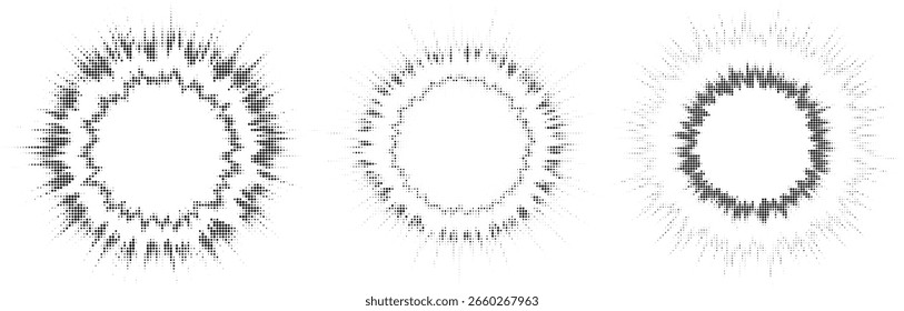 Conjunto de três abstrato preto e branco meio-tom ponto radial Burst quadros com explodindo e espalhando efeito