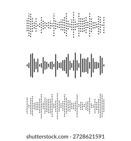 A set of three abstract black and white digital sound wave visualizations, including a classic equalizer style and two pixelated data representations.