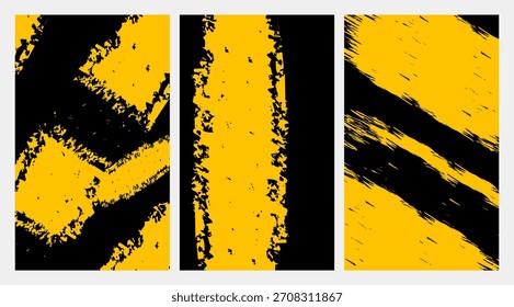 Conjunto de três planos de fundo angustiados abstratos em preto e amarelo com design de vetor de traçados de pincel 