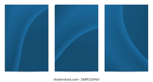 Ensemble de trois arrière-plans abstraits dégradés de bleu avec des courbes fluides et fluides, idéal pour les templates de conception modernes, les présentations et les projets numériques.