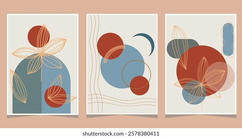 Set of three abstract boho botanical posters with geometric and organic shapes in earthy tones. Modern wall decor