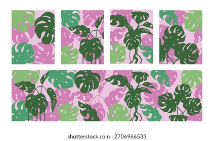 Un conjunto de tres composiciones botánicas abstractas con hojas de monstera y Formas orgánicas inspiradas en la belleza natural y el diseño tranquilo. Perfecto para arte de pared moderno, póster, marca y eco-inspirado.