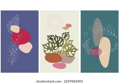 Set of three abstract botanical drawings for interior décor, postcard design, posters, covers